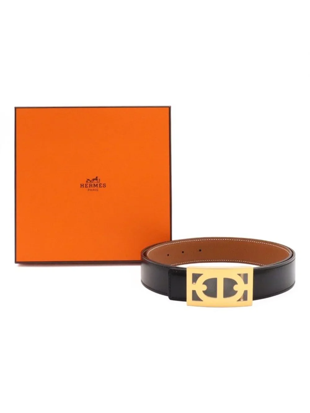 Hermes Chaine D'ancre Reversible Belt Leather Black Brown Gold 85